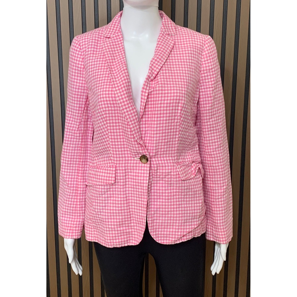 Talbots Pink Gingham Linen Cotton Blazer Jacket Size 6 Single Button VN1953